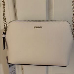 DKNY Womens Bryant White Leather Adjustable Strap Lined Dome Crossbody Bag